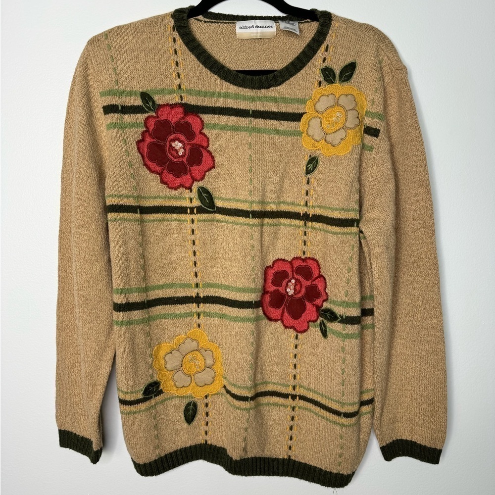 Vintage Alfre Dunner tan granny floral lightweight sweater